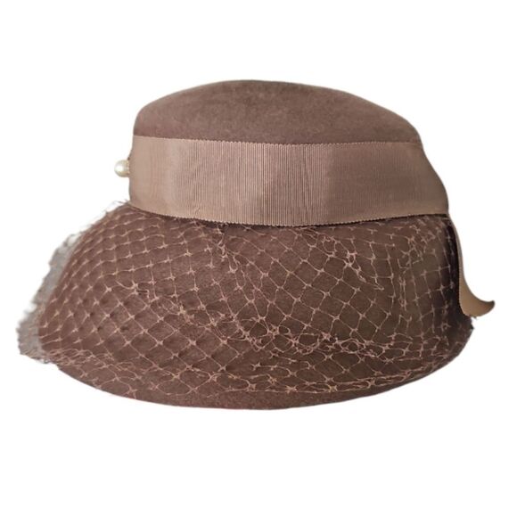 1950s Glenover Henry Pollack Wool Hat Mocha Brown Veil Bridal Vintage Millinery - Picture 6 of 12